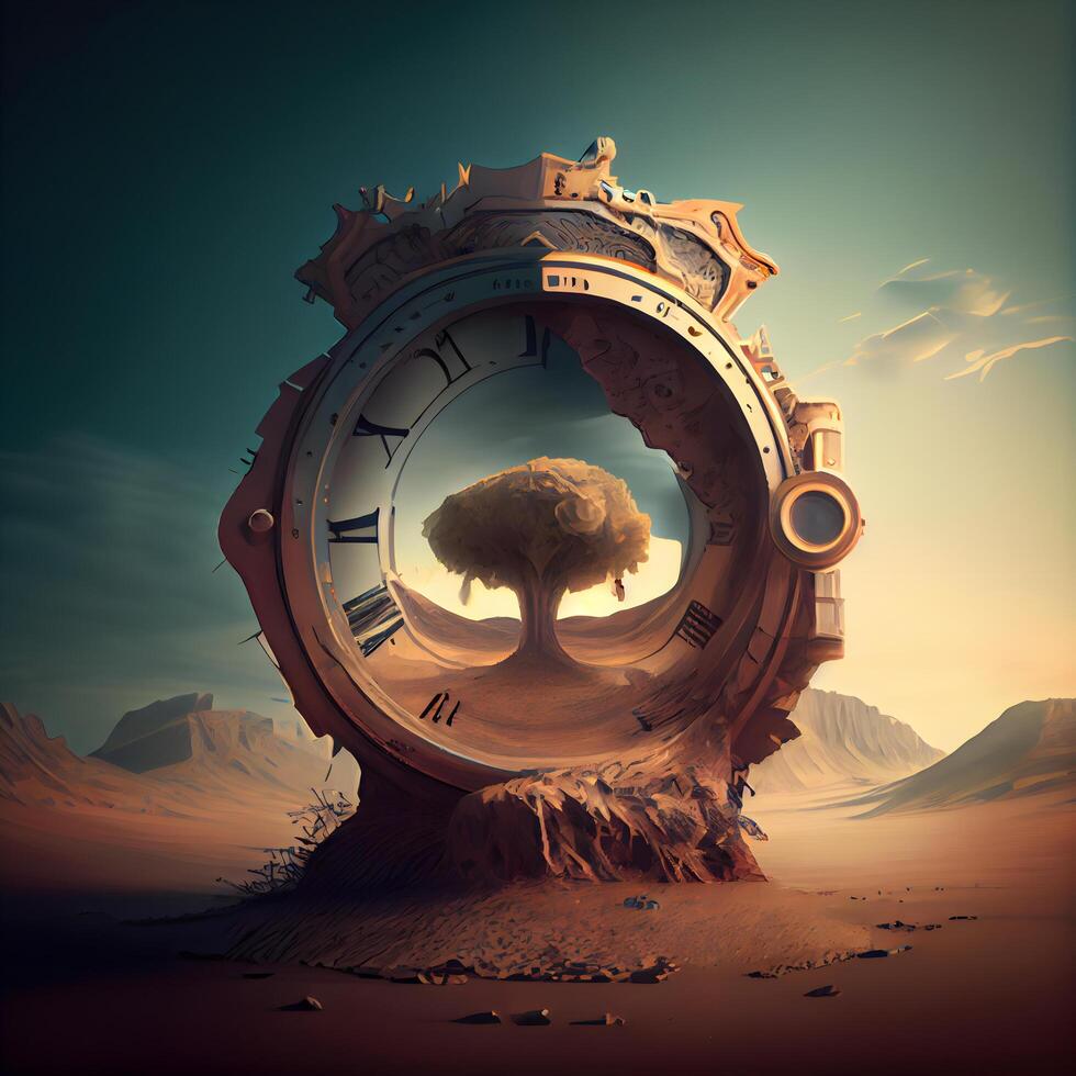 Astronomical clock in the desert. 3D render. Time concept, Image photo