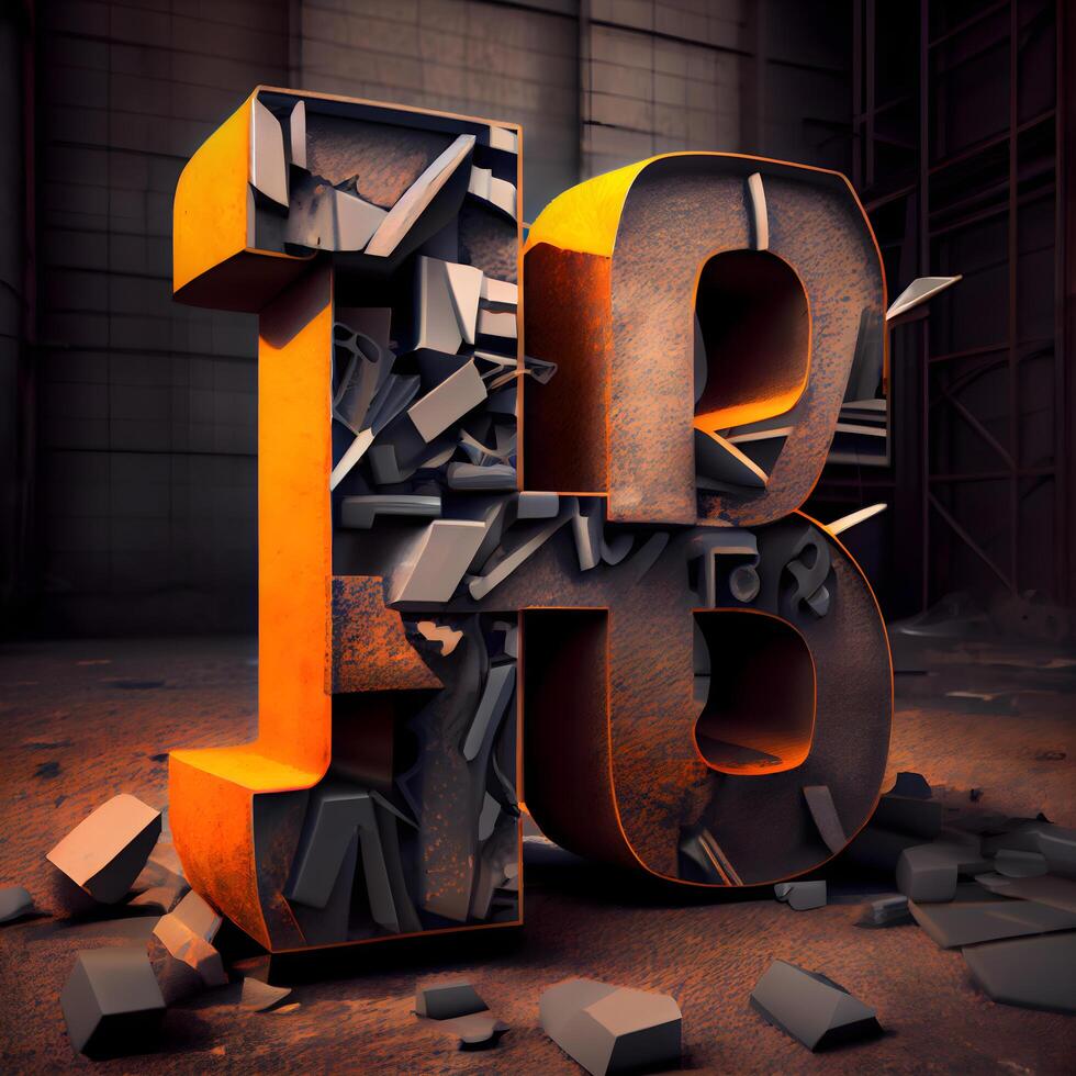 3d rendering of an orange and black 3d letter in an industrial environment, Image photo