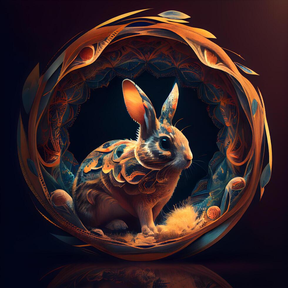 Rabbit in a round frame on a dark background. 3d rendering, Image photo