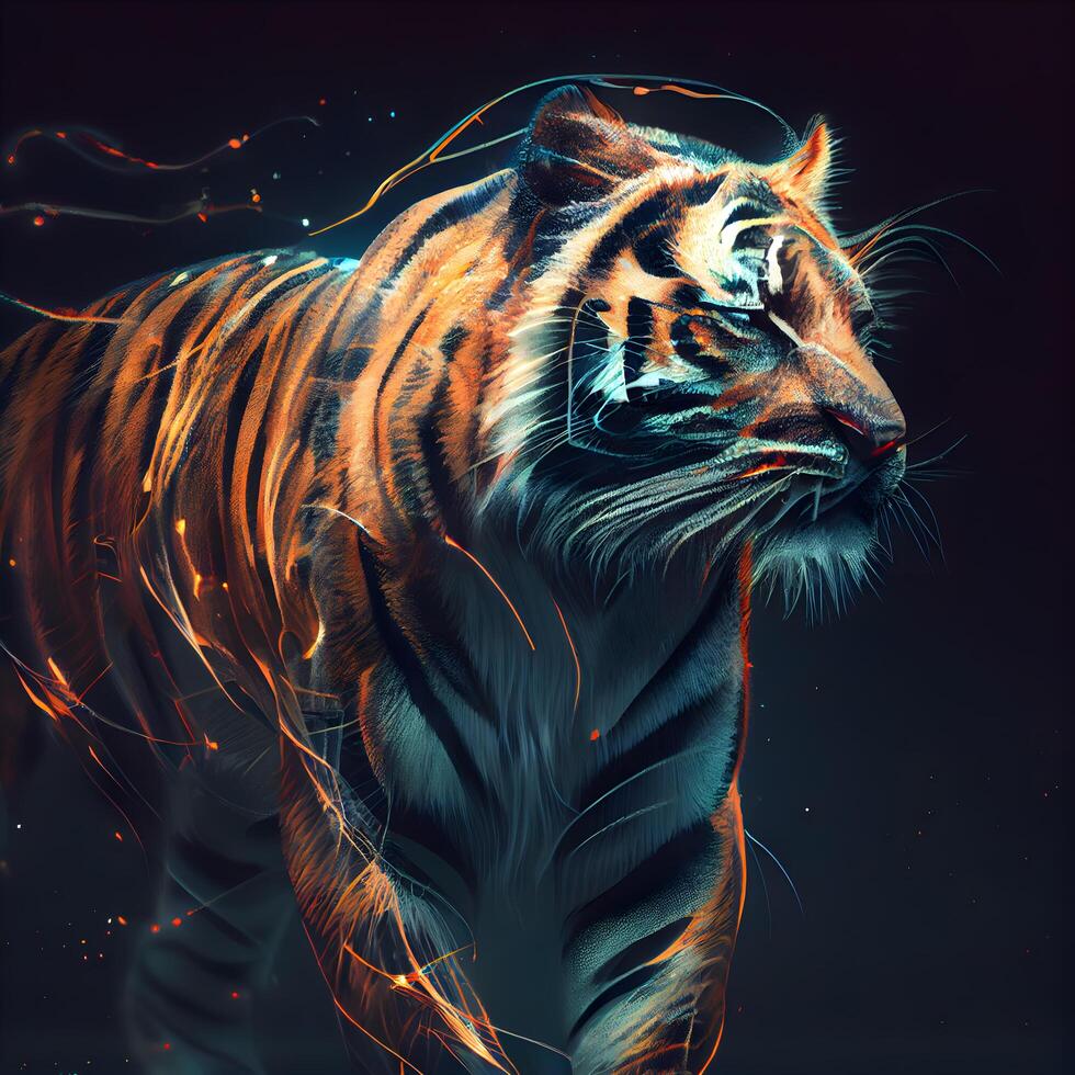 siberiano Tigre con fuego efecto en negro antecedentes. digital cuadro., ai generativo imagen foto