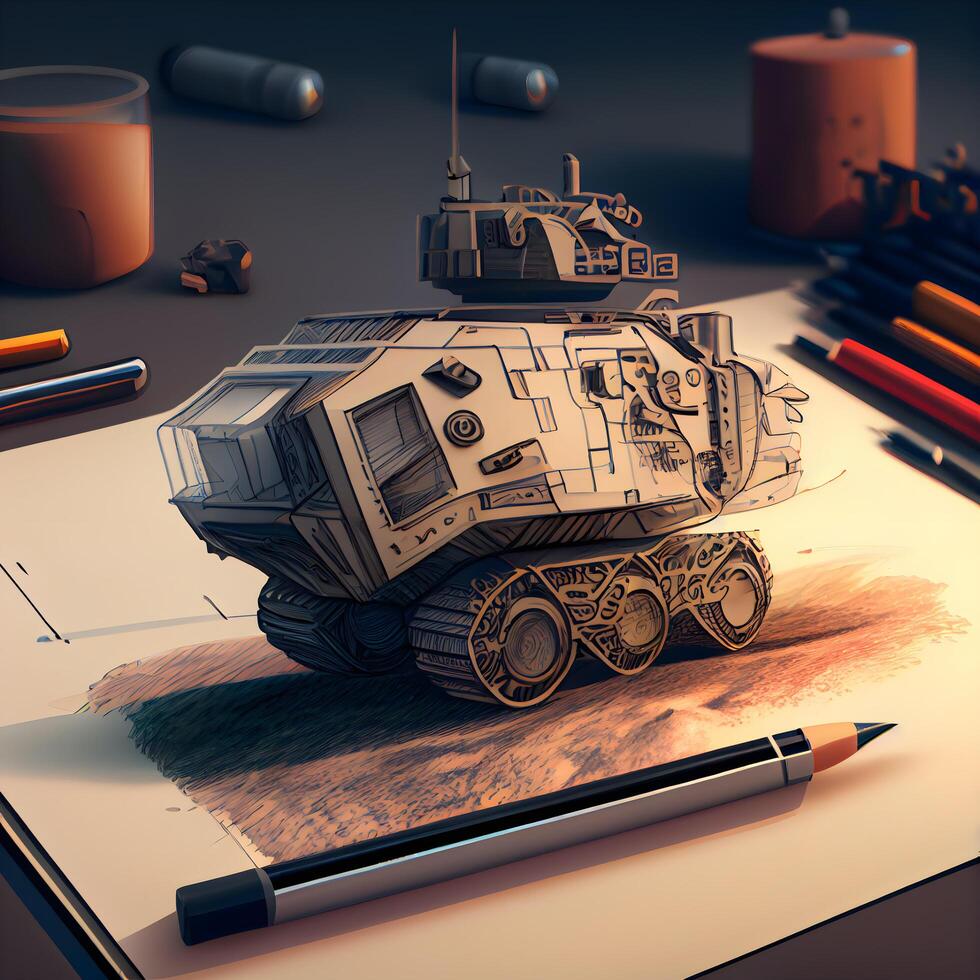 3d illustration of a model of a tank on a sheet of paper, Image photo