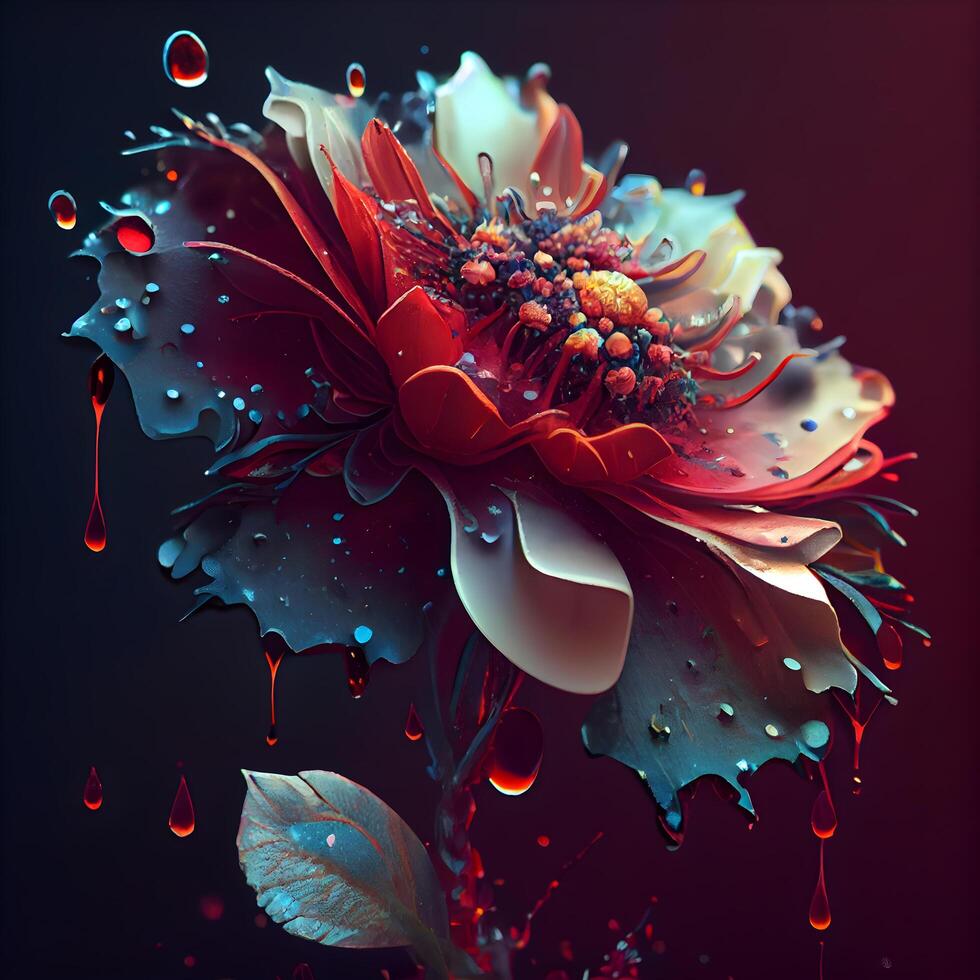 3d illustration of red flower with drops of water on black background, Image photo