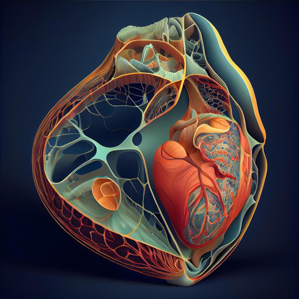 humano corazón anatomía en un oscuro antecedentes. 3d ilustración, 3d representación., ai generativo imagen foto