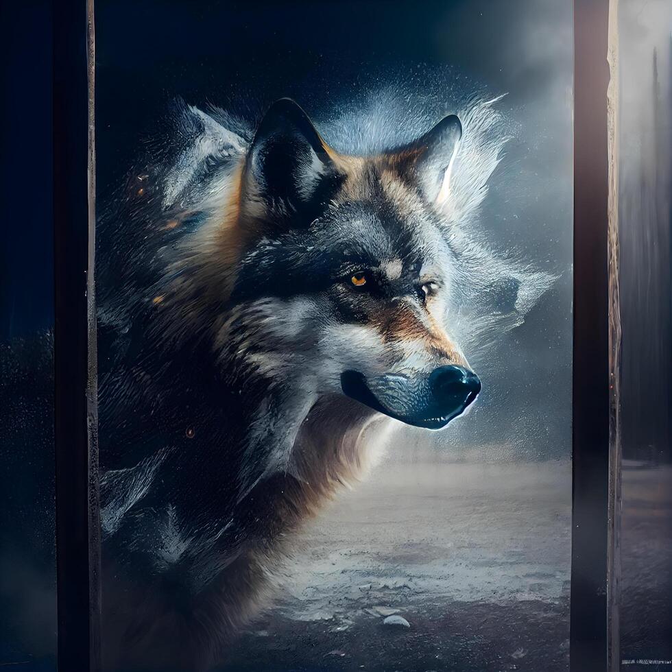 Portrait of a wolf looking through the window in a dark room, Image photo