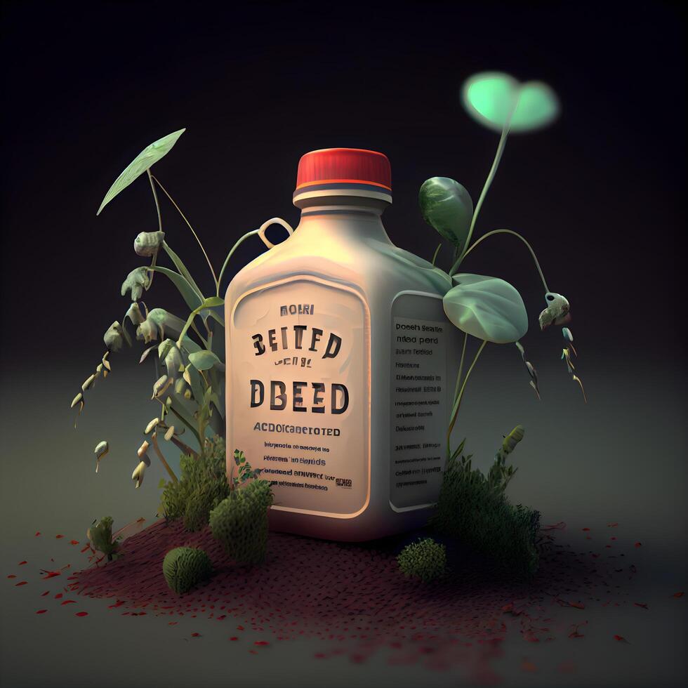 3d illustration of a bottle of poison with a spider on a dark background, Image photo