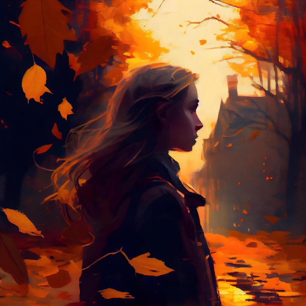 Portrait of a beautiful girl in the autumn park. Digital painting., Image photo