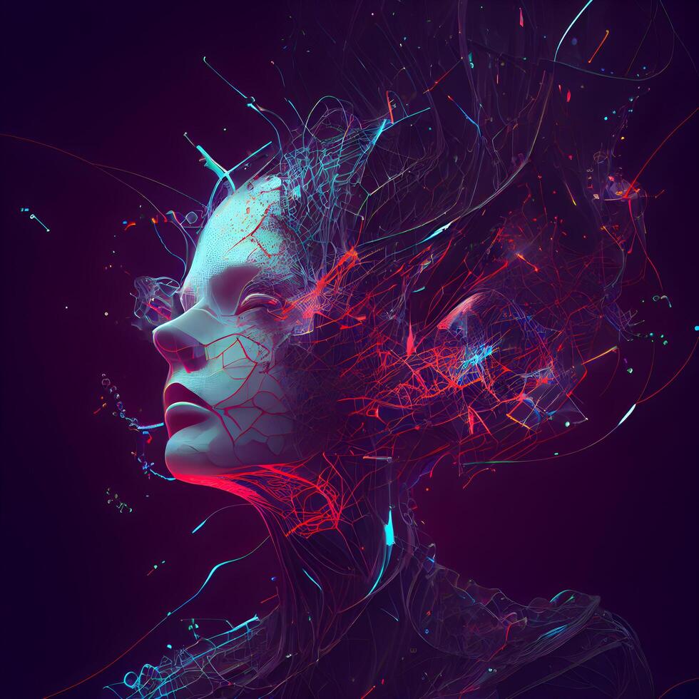 3D rendering of a female face with abstract lines on a dark background, Image photo