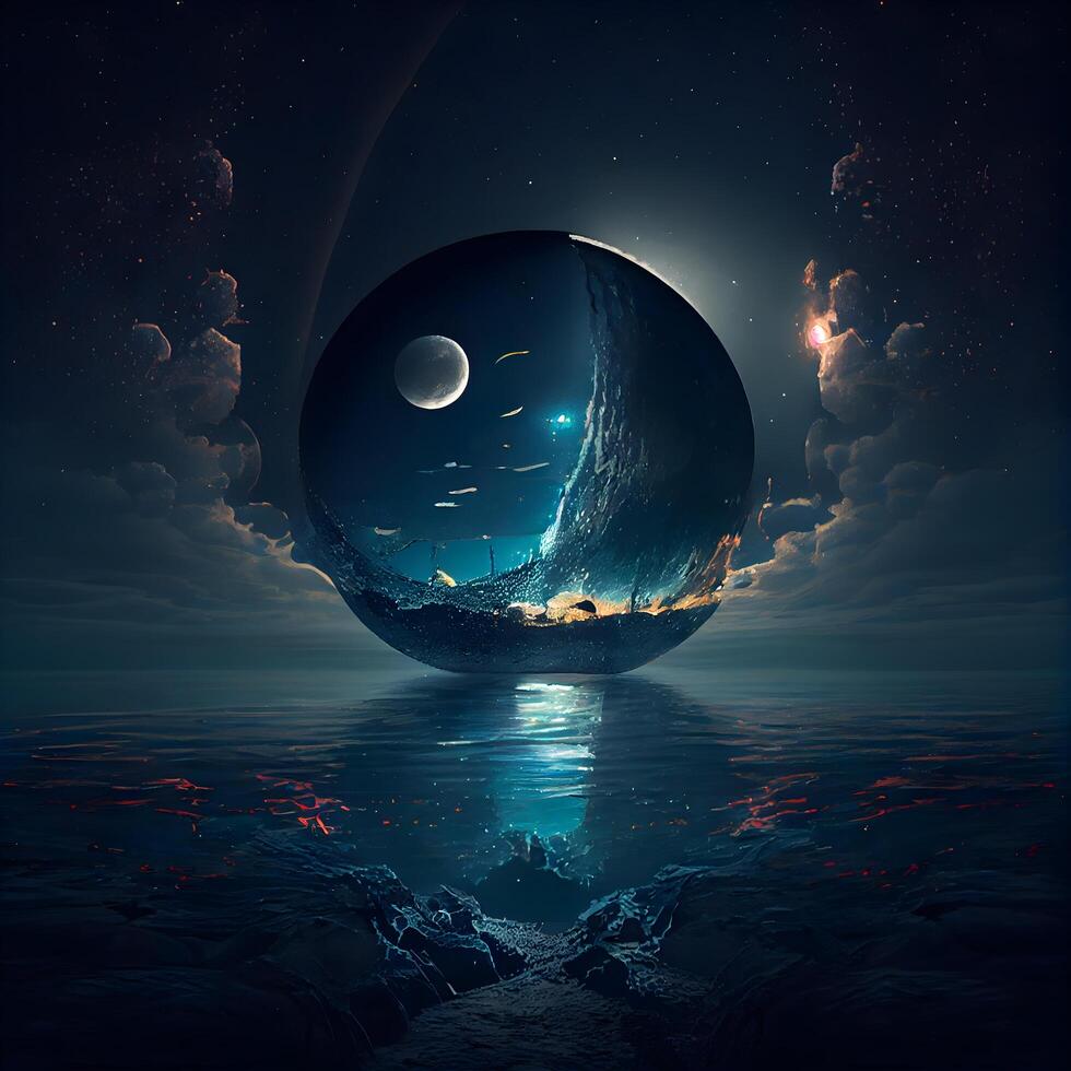 Fantasy landscape with ship and moon in water. 3D rendering, Image photo