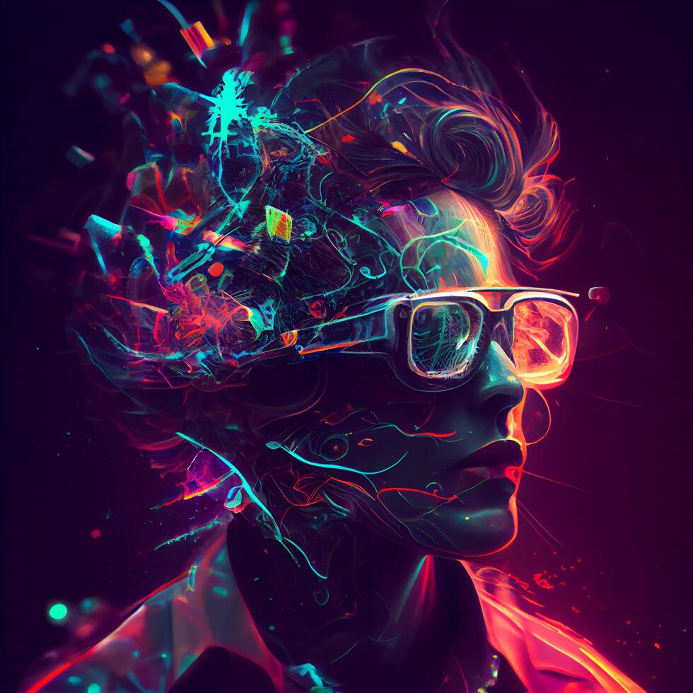 Futuristic portrait of a woman in futuristic glasses. 3d rendering, Image photo