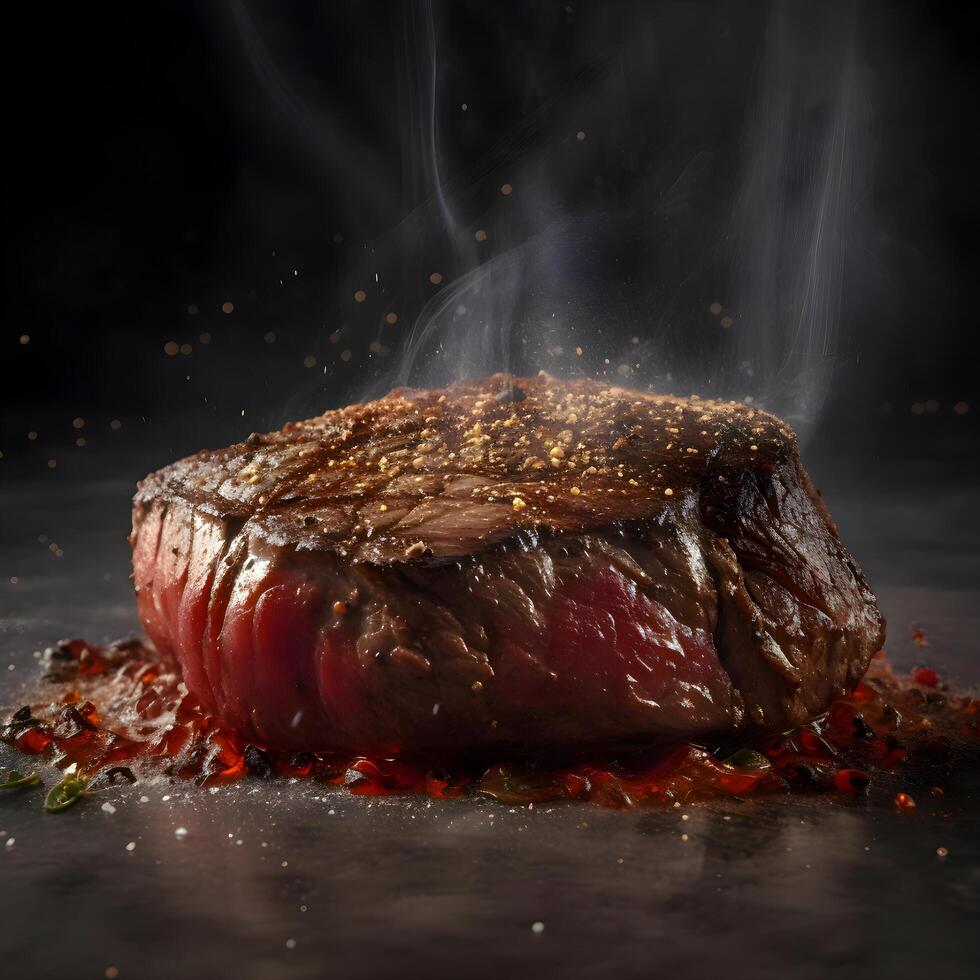 Steak with red caviar and smoke on a dark background., Image photo