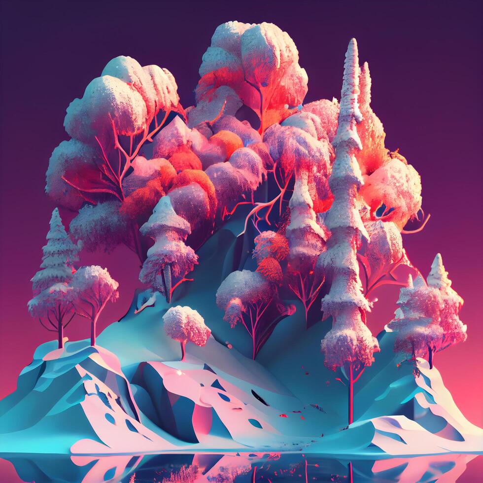 Winter landscape with snow covered trees. 3d illustration in blue and pink, Image photo