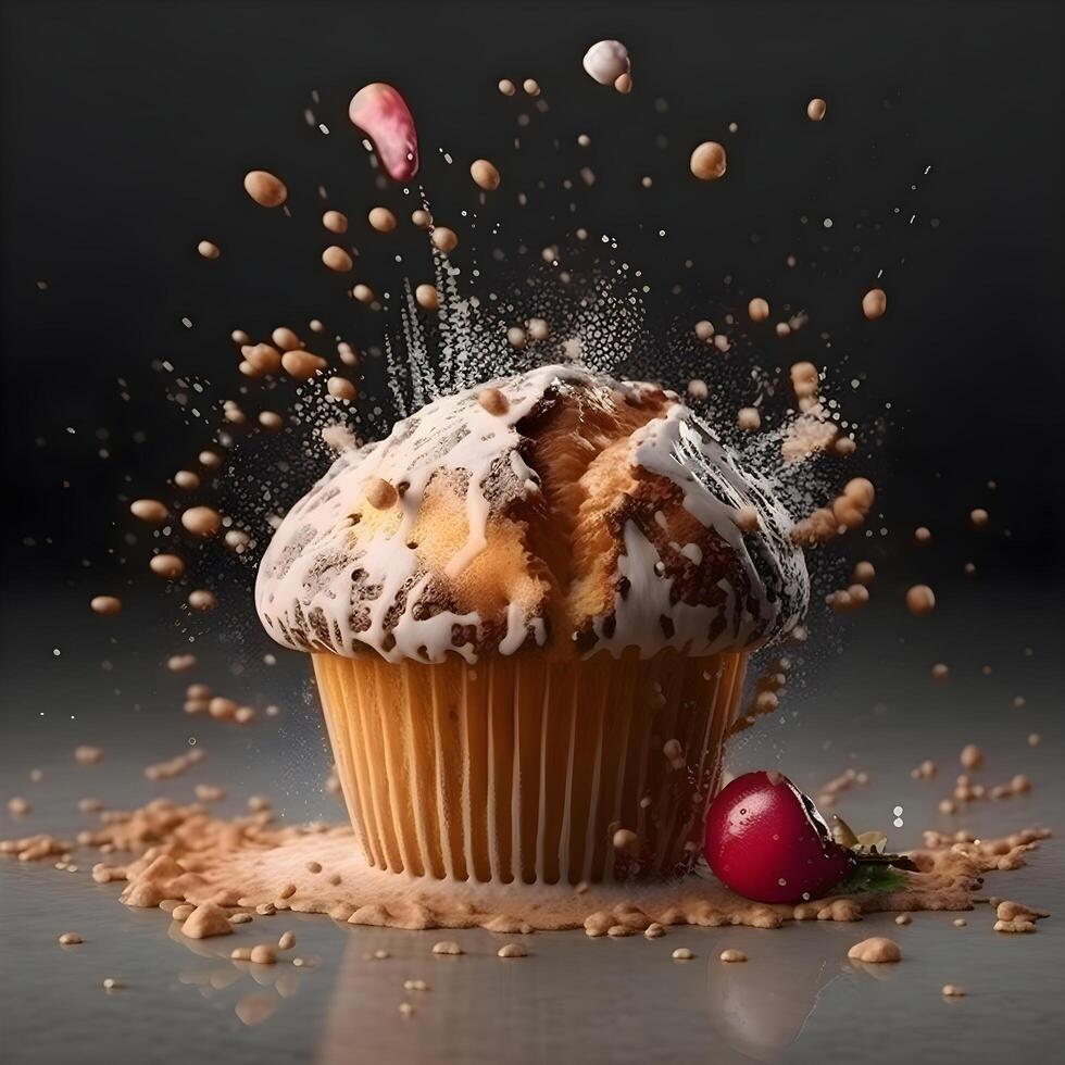 Bun with chocolate sprinkles on a dark background, close up photo