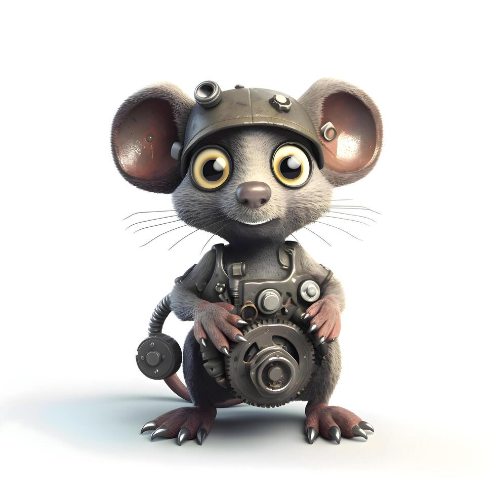 3D rendering of a little mouse wearing a helmet and holding a gear, Image photo