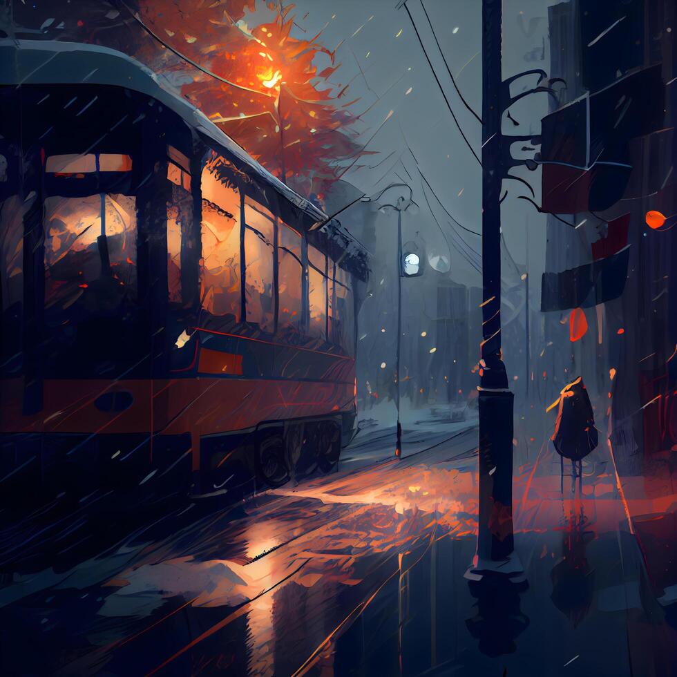 Train on the street in the city at night. Digital painting. photo