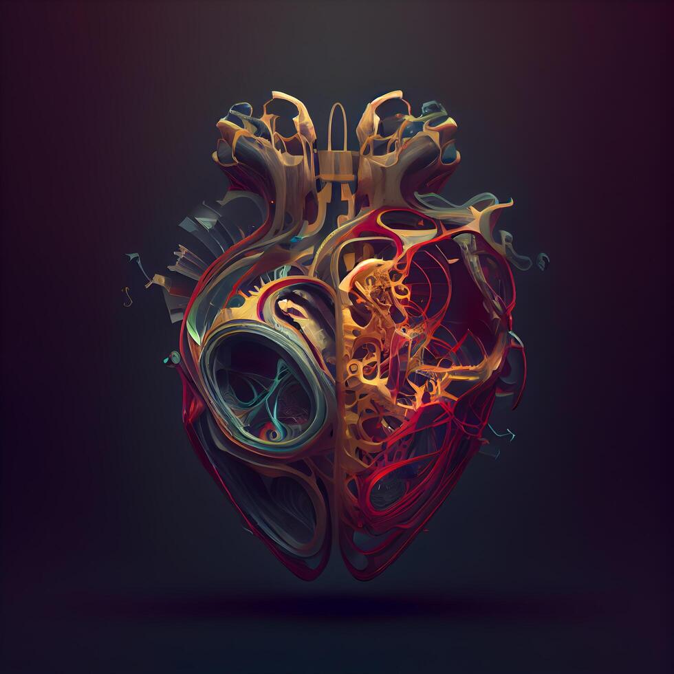 Human heart with blood vessels on black background. 3D illustration., Image photo