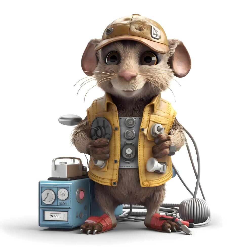 Cute rat dressed as a firefighter with gas station. Isolated on white., Image photo
