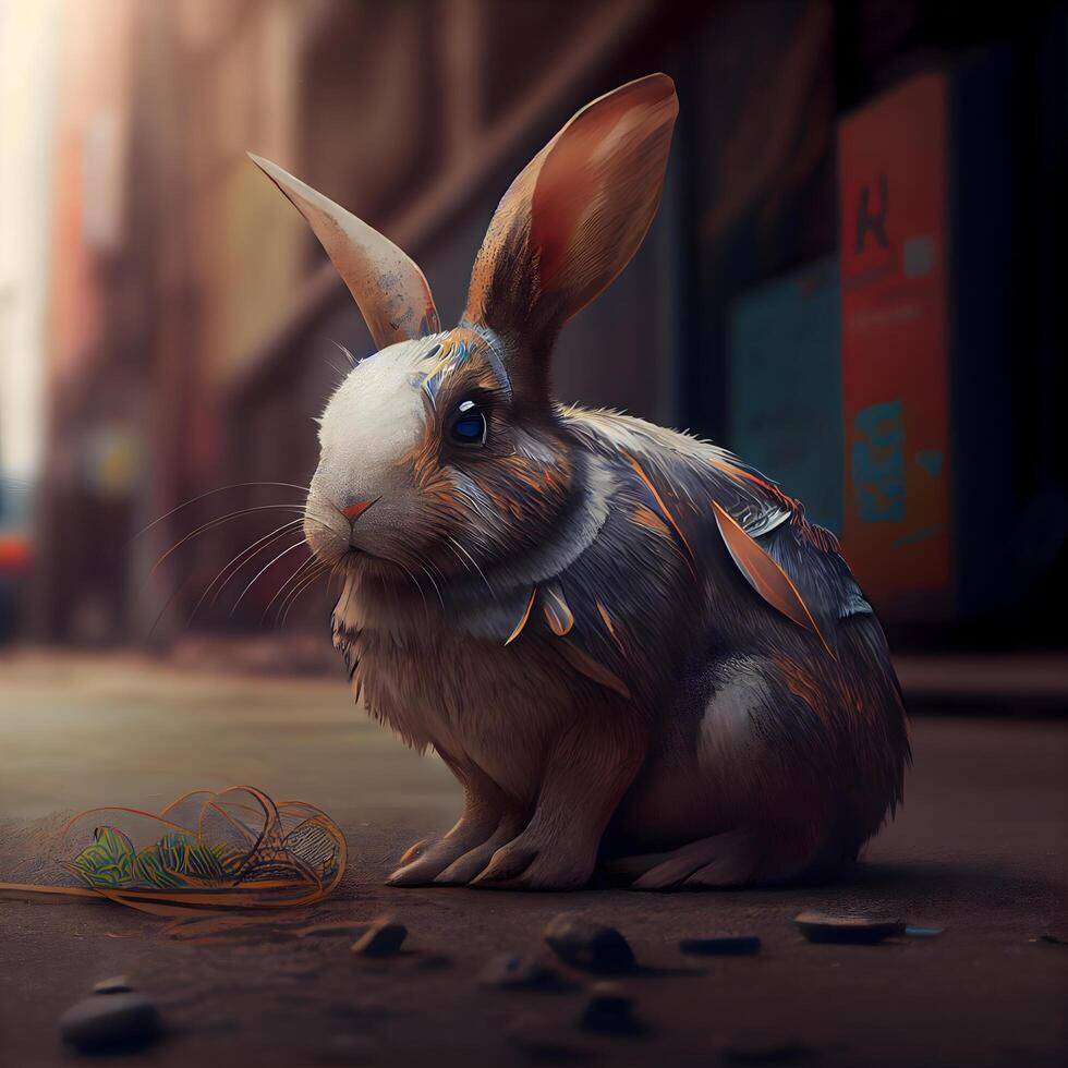 Rabbit with a backpack on the street. 3d rendering. photo