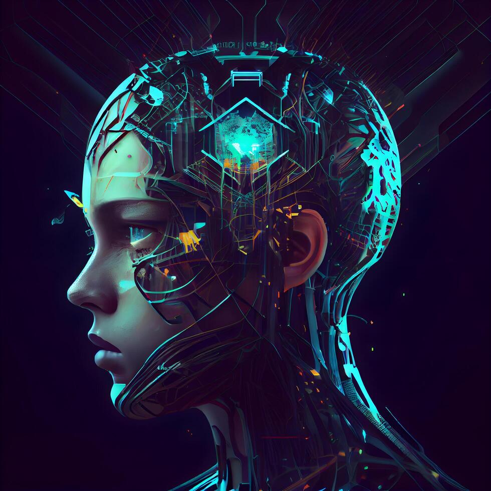 3d rendering of artificial intelligence concept with circuit board and human head, Image photo