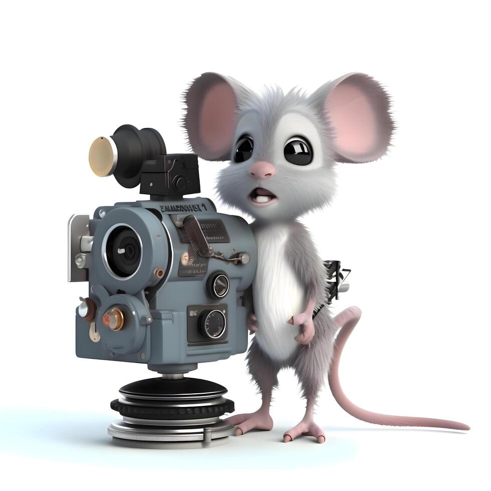 3D rendering of a white mouse with a camera on a white background, Image photo