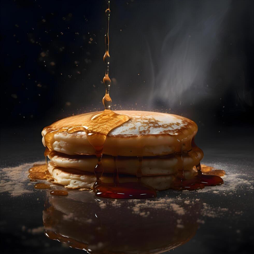 Pancakes with honey and caramel sauce on a black background. photo