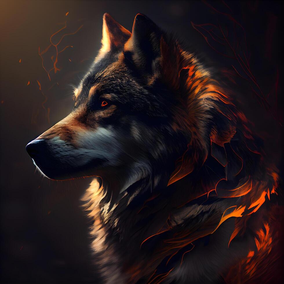 retrato de un lobo en un oscuro antecedentes con fuego y fumar foto