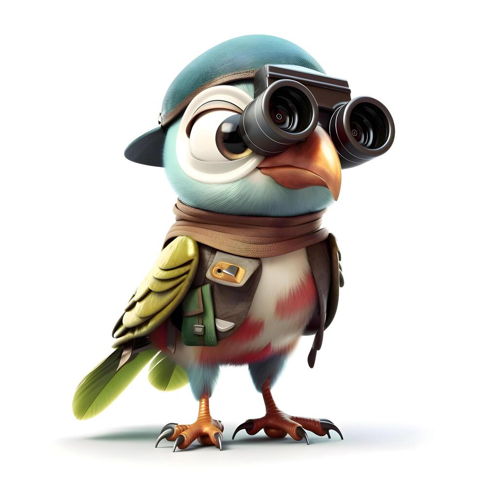 Cute owl with a camera on his shoulder 3d render photo