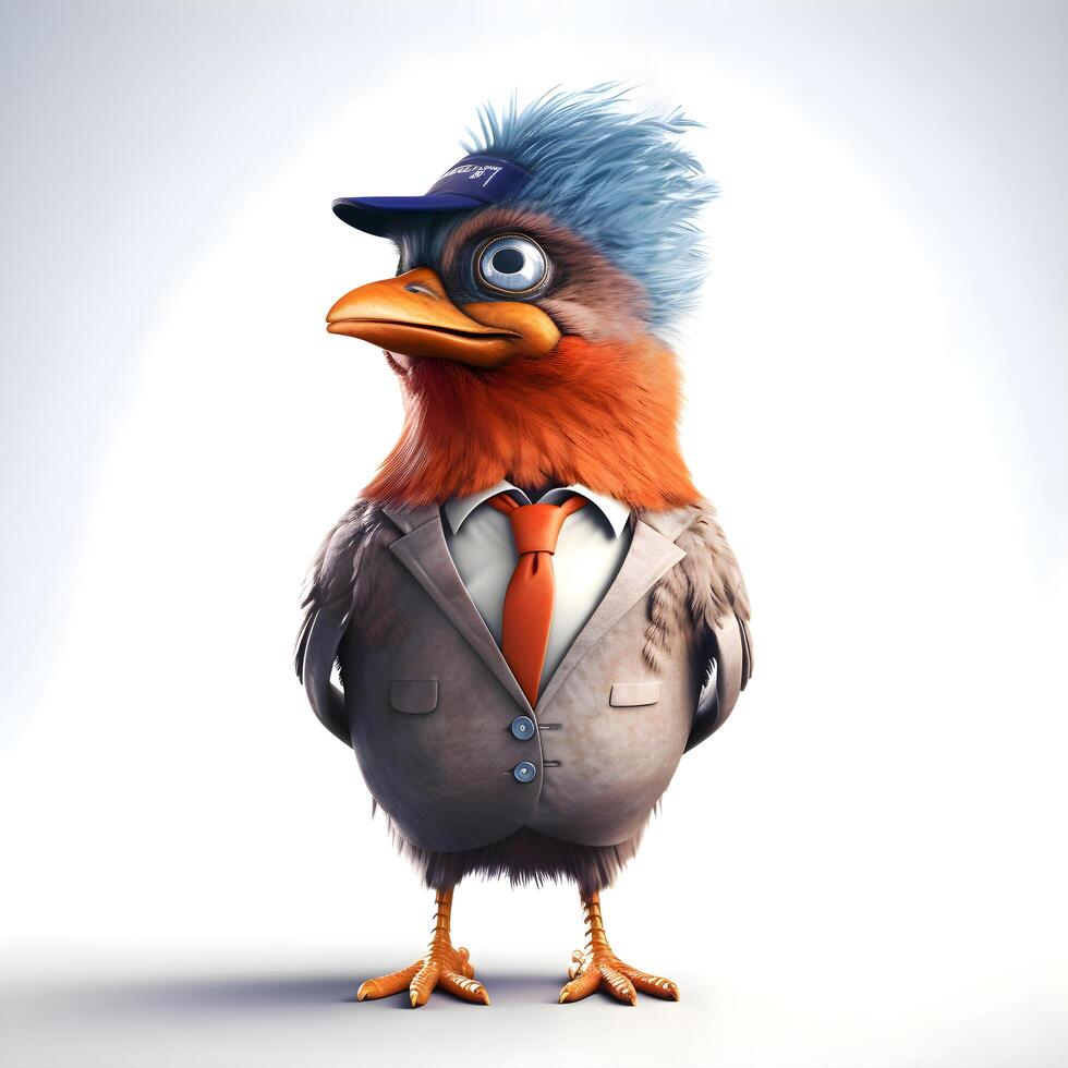 Funny bird with tie and bow tie, 3d render illustration photo