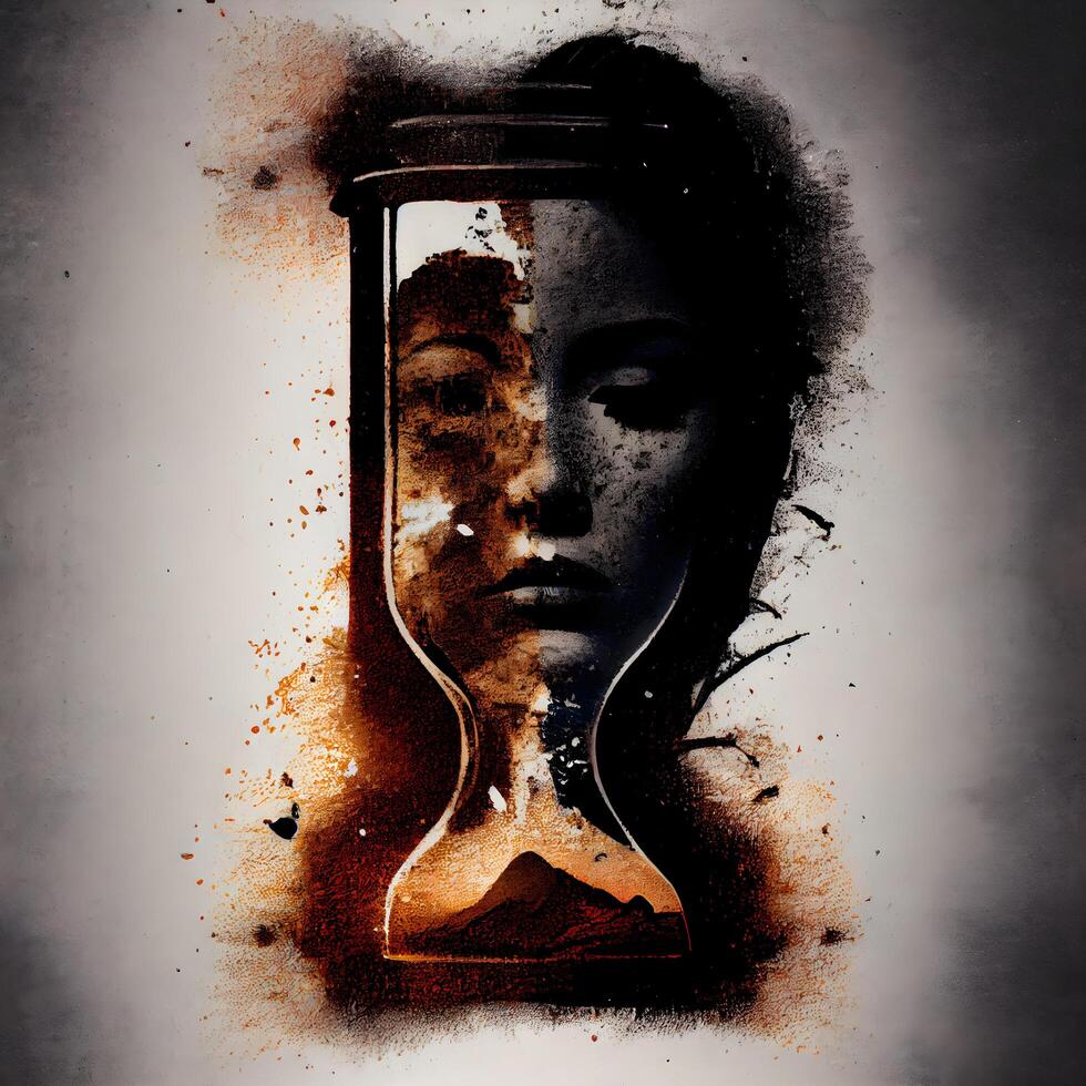 Abstract grunge illustration of female face with hourglass. Grunge background photo