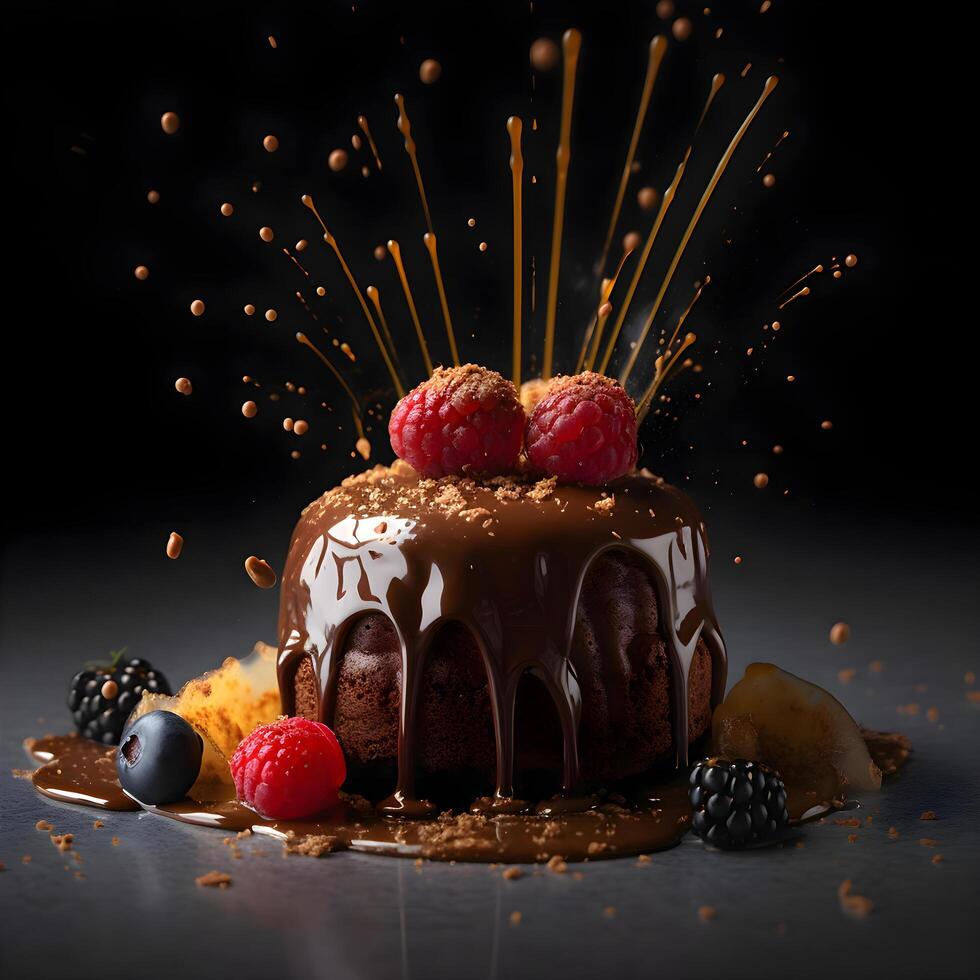 Chocolate cake with raspberries and blackberries on a black background photo