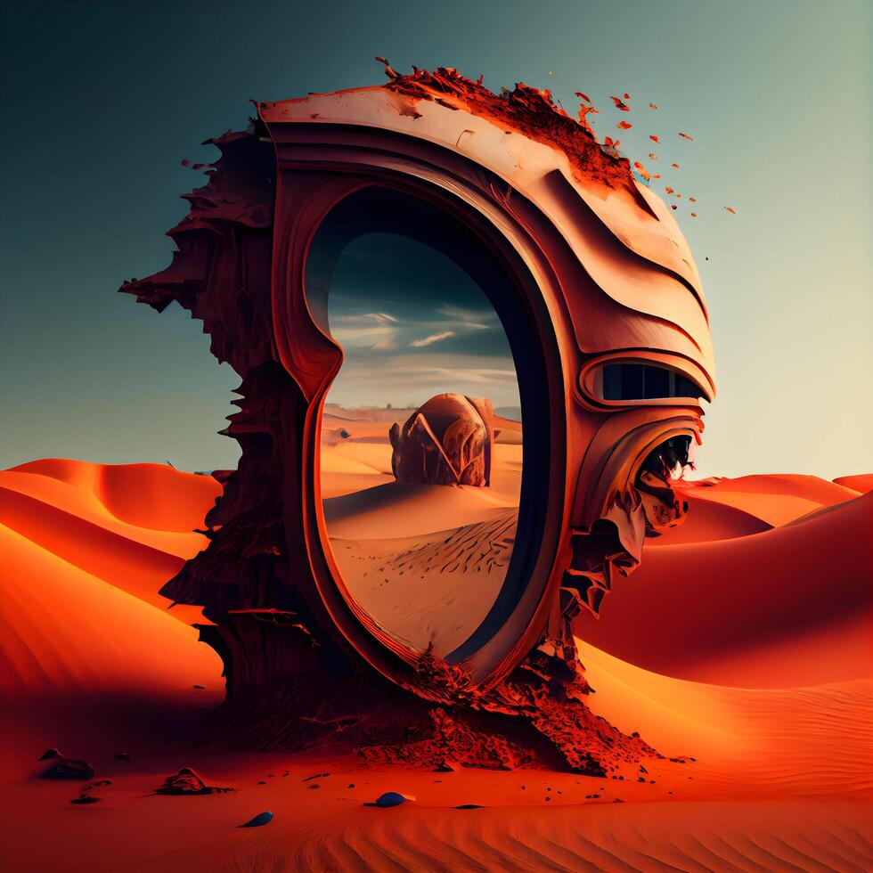 3d ilustración de un fantasía paisaje con un espejo en el Desierto foto