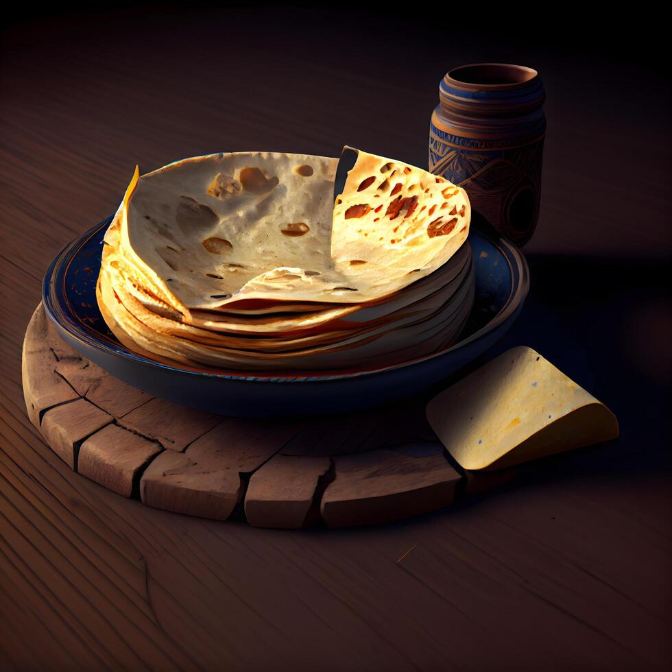 Illustration of a stack of pancakes with cheese on a wooden background photo