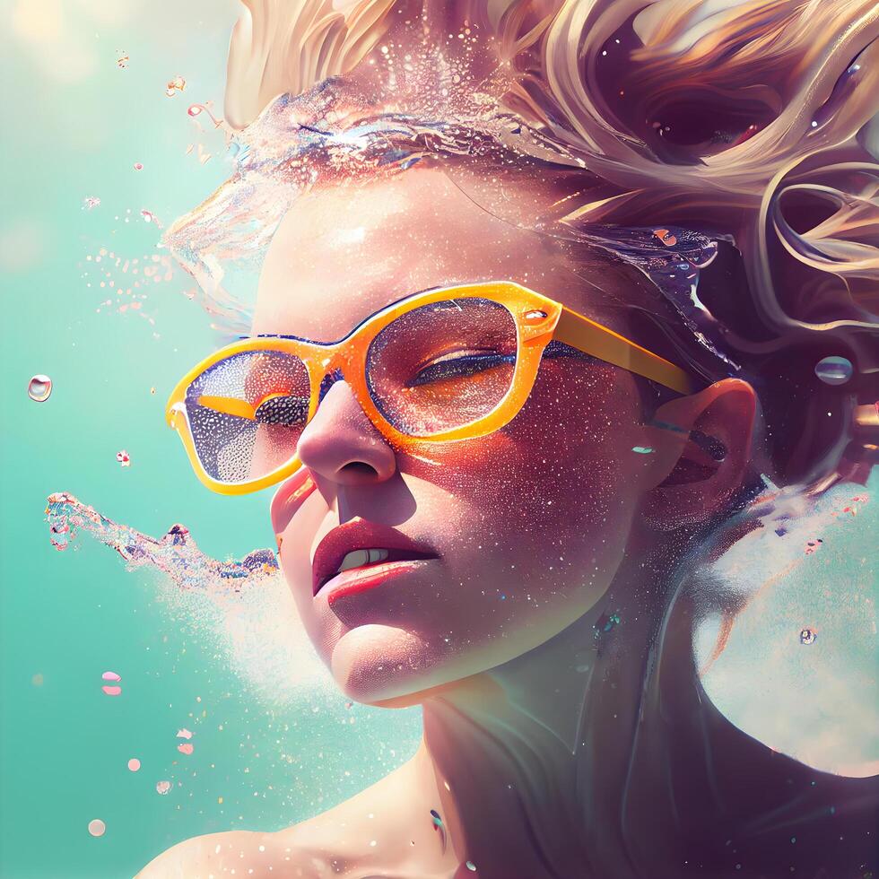 Fashion portrait of beautiful young woman in sunglasses with water splashes photo