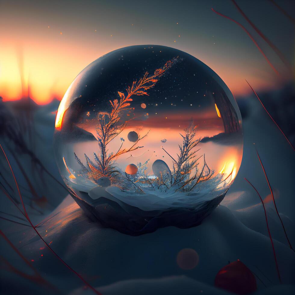 Crystal ball with winter landscape at sunset. 3D illustration. Selective focus photo