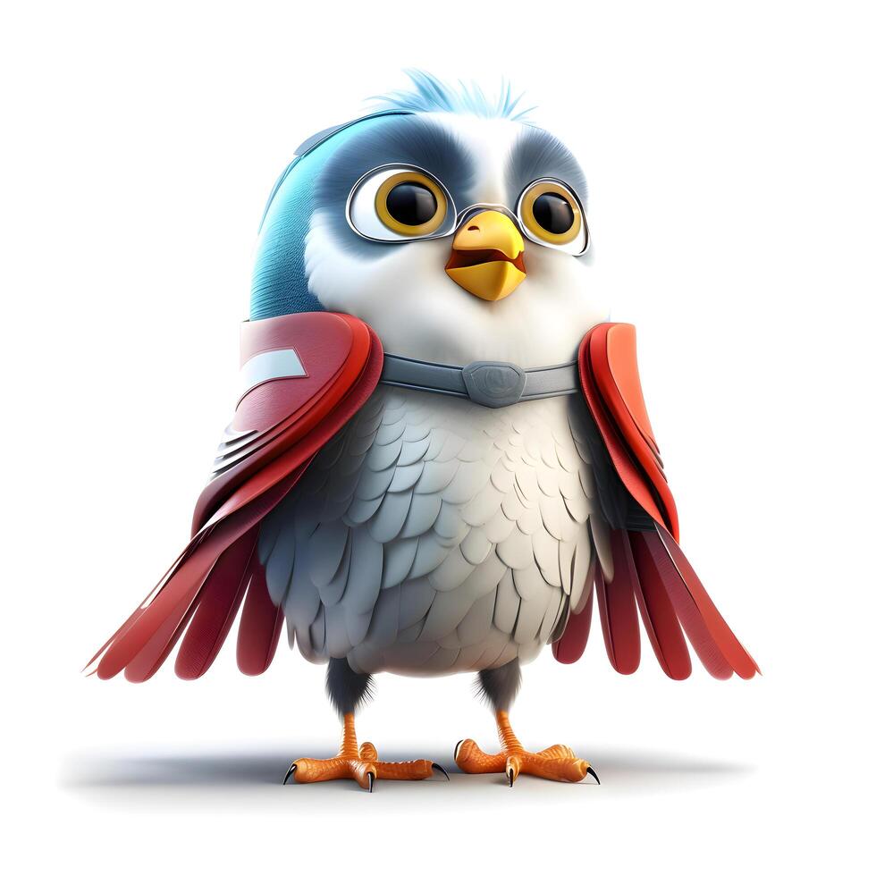 3D rendering of a cute superhero bird isolated on white background. photo