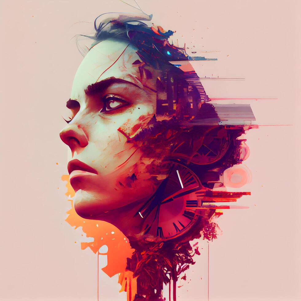 Double exposure portrait of beautiful woman face and clock. Time concept. photo