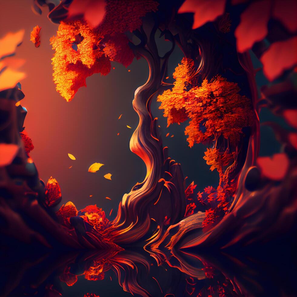 3d ilustración de un fantasía bosque con arboles y hojas en rojo y naranja foto