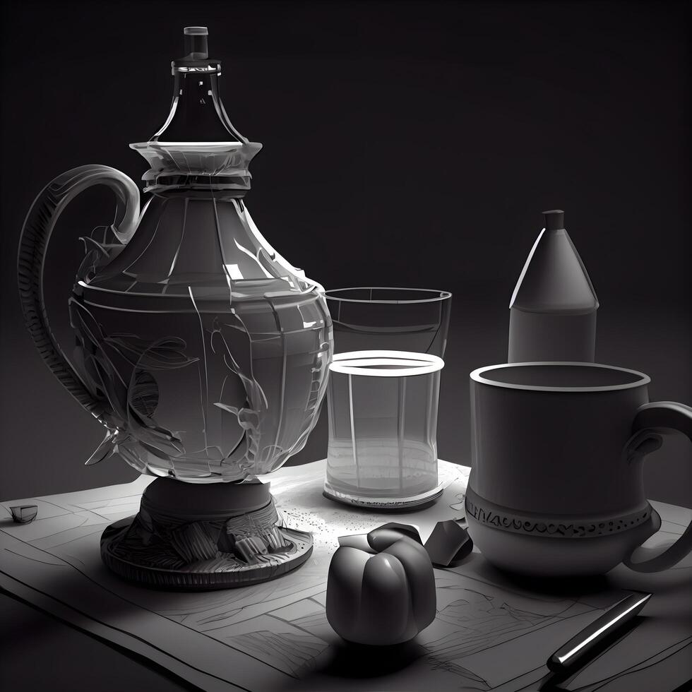 Still life with teapot, cup and glass on black background photo