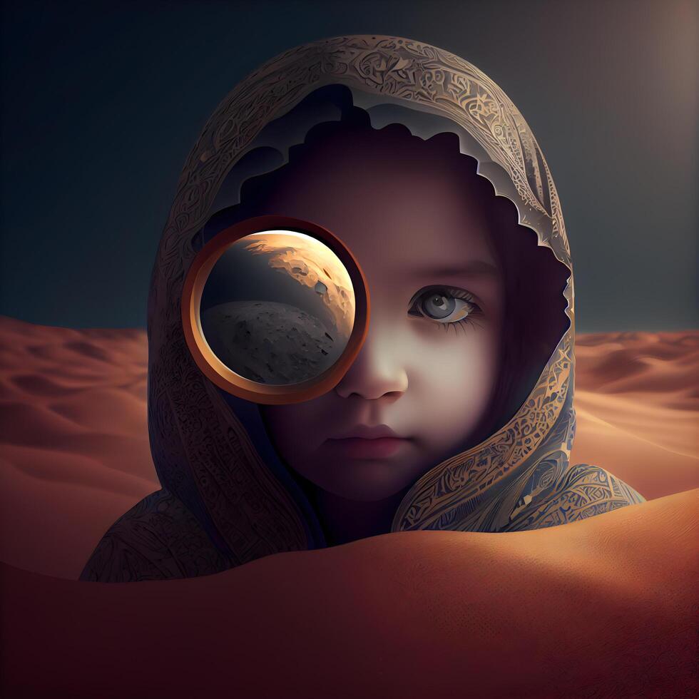 3d illustration of a beautiful little girl in the desert with planet photo