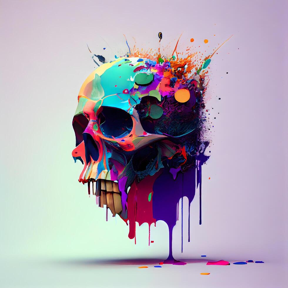 Skull with colorful paint splashes. 3d render illustration. photo