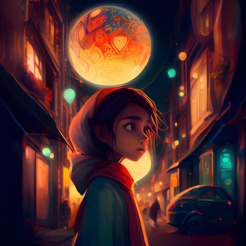 Mysterious girl in the city at night. Fantasy illustration. photo