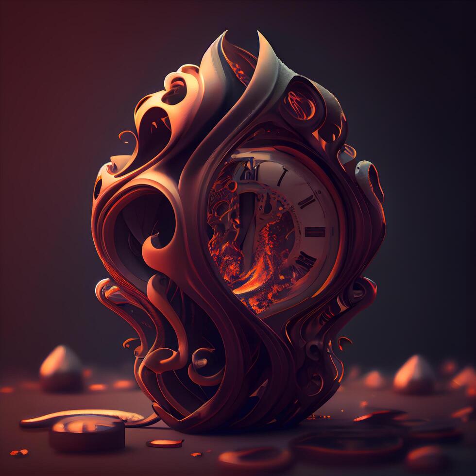 3D rendering of an old clock on a dark background with burning candles photo