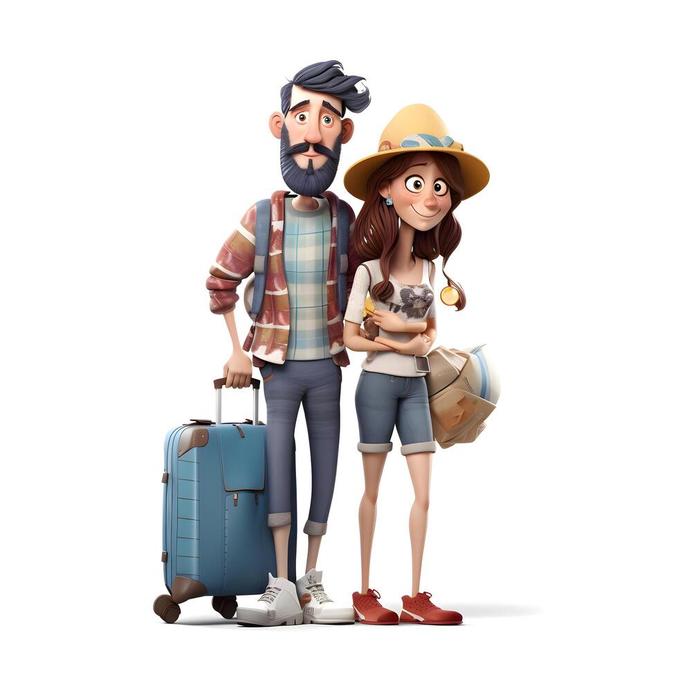 Couple of tourists with luggage and map. Cartoon illustration. photo