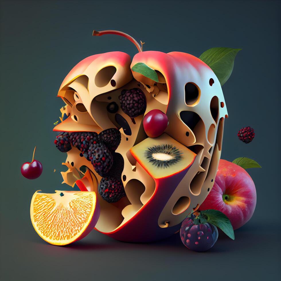 Fruit in origami style on dark background. 3d illustration photo