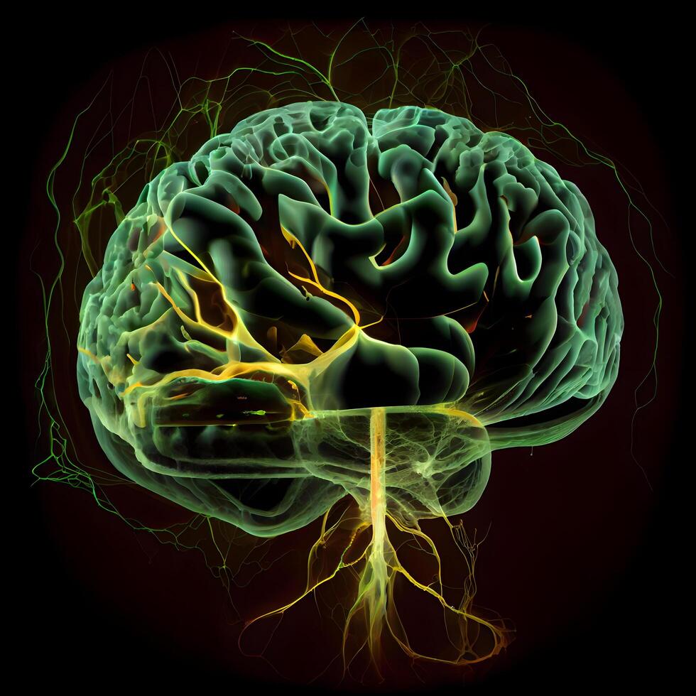 Human brain with electrical power, 3D illustration, isolated on black background photo