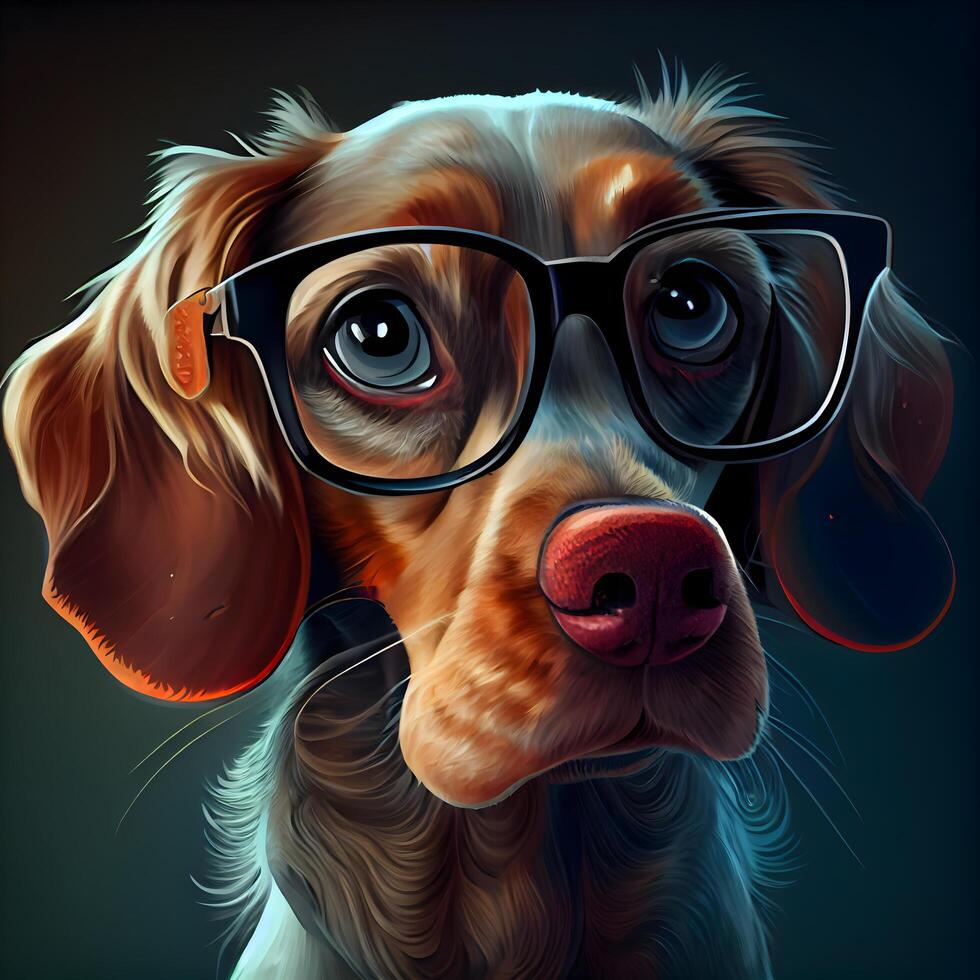 Digital painting of a dog with glasses, isolated on black background. photo