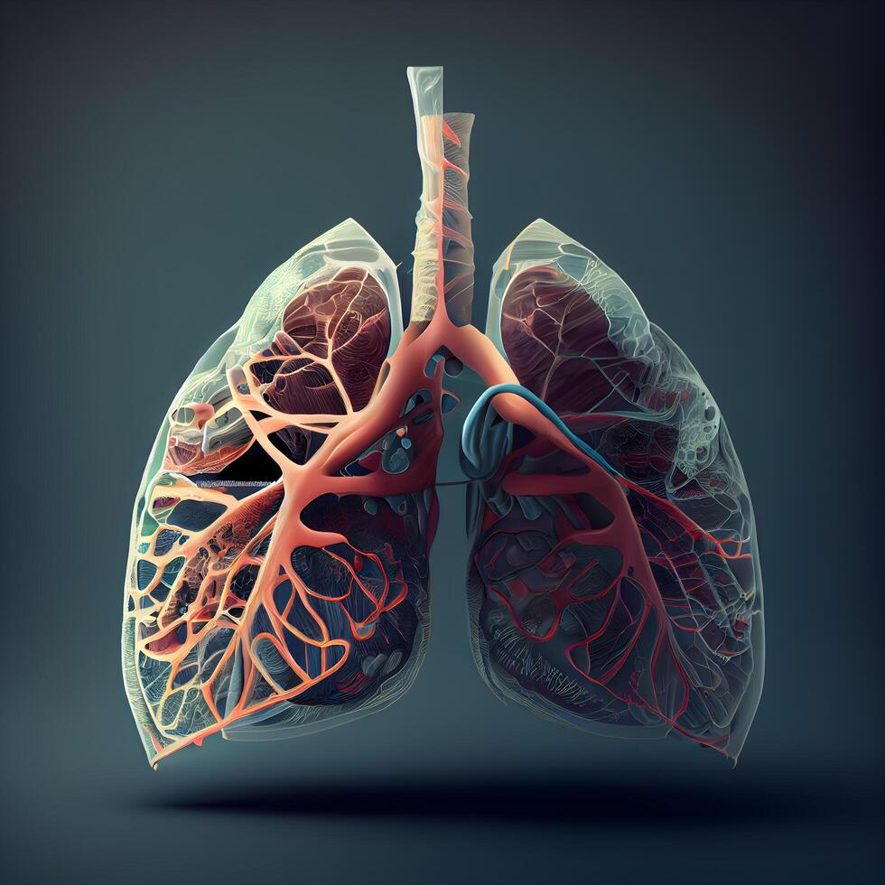 Lungs anatomy on dark background. 3D illustration, 3D rendering. photo