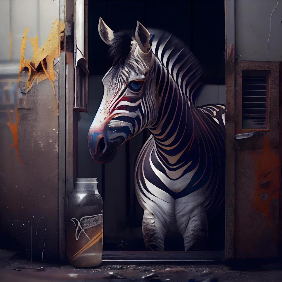 Zebra with bottle of milk in abandoned factory. 3d rendering photo