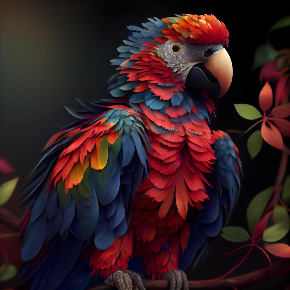colorful macaw parrot sitting on a branch in the forest photo