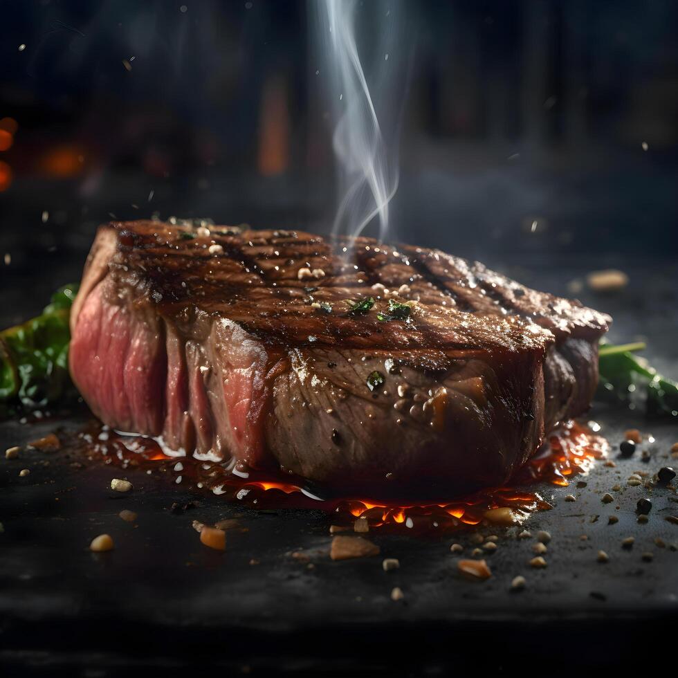 Grilled beef steak with spices and smoke on a black background. photo