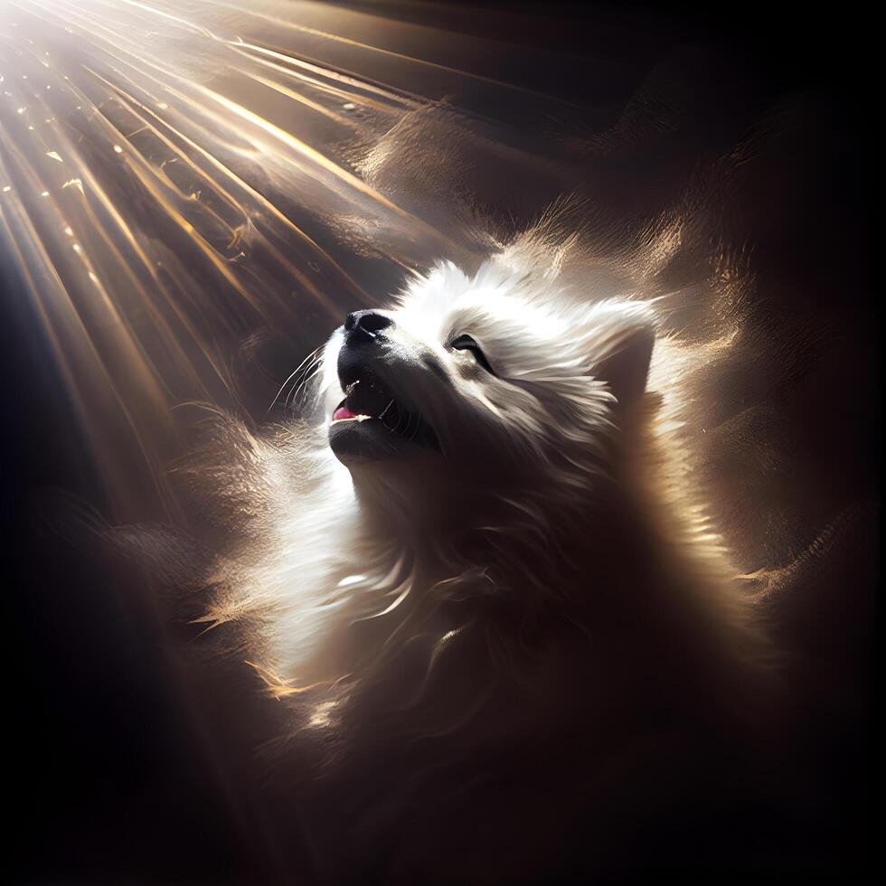 White Pomeranian dog in the rays of light on a dark background photo
